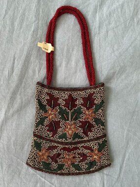 New Vintage Style Red and Brown Beaded Handbag